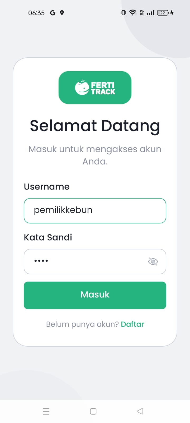 Tampilan aplikasi Android Ferti Track — Monitoring