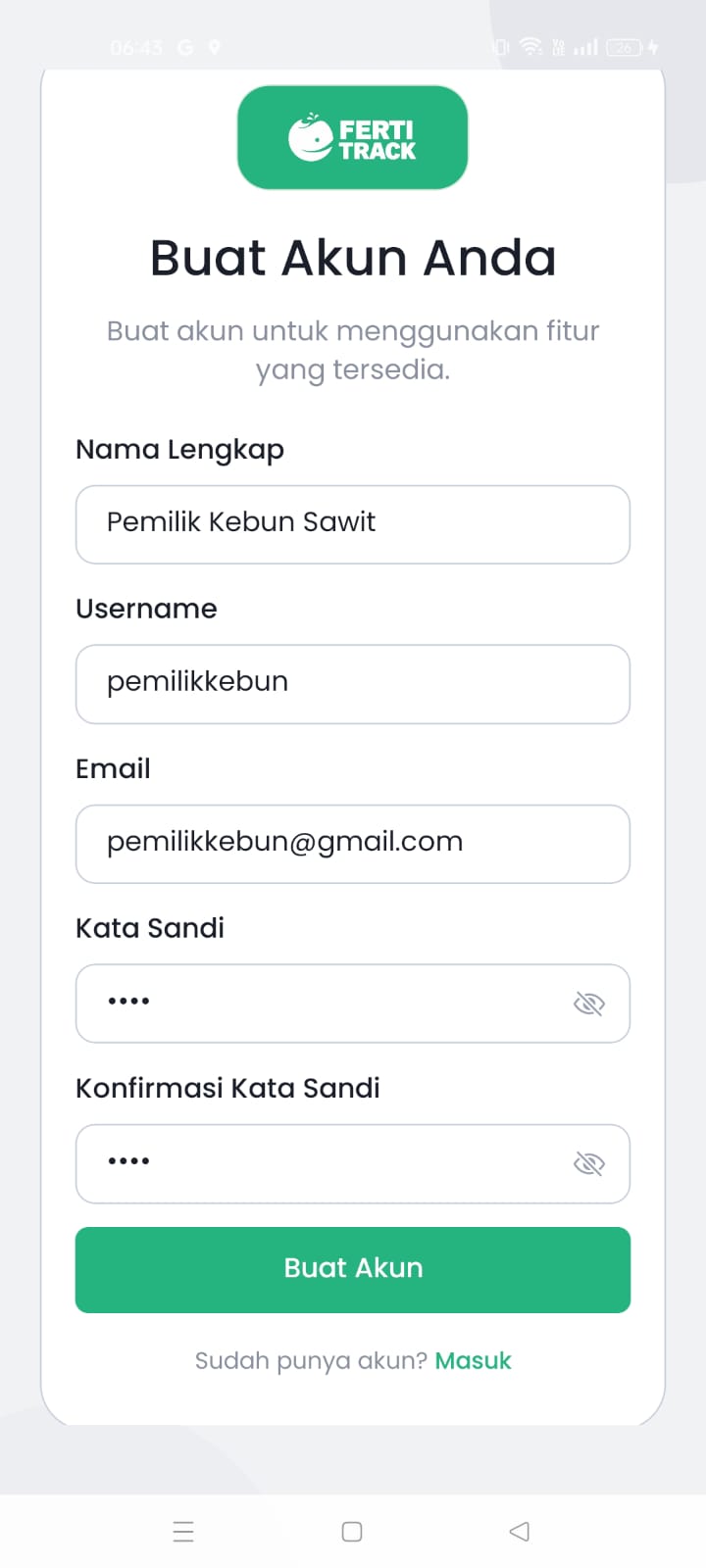 Tampilan aplikasi Android Ferti Track — Pemupukan